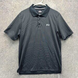 Under Armour HeatGear Polo Shirt Mens Medium Black Stripe Golf Performance